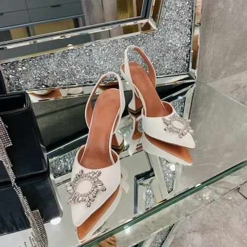 2026 Spring Autumn EU US Satin Slingback Women Sandals Pointed Flared Heels Sun Rhinestone Crystal Wedding Party Dress Heels