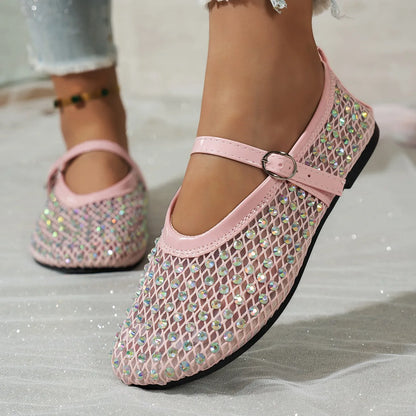 Women's Mary Jane Flats 2026 Spring Autumn Fashionable Women's Shoes Breathable Mesh Rhinestone Decorated Large Size Mesh Shoes