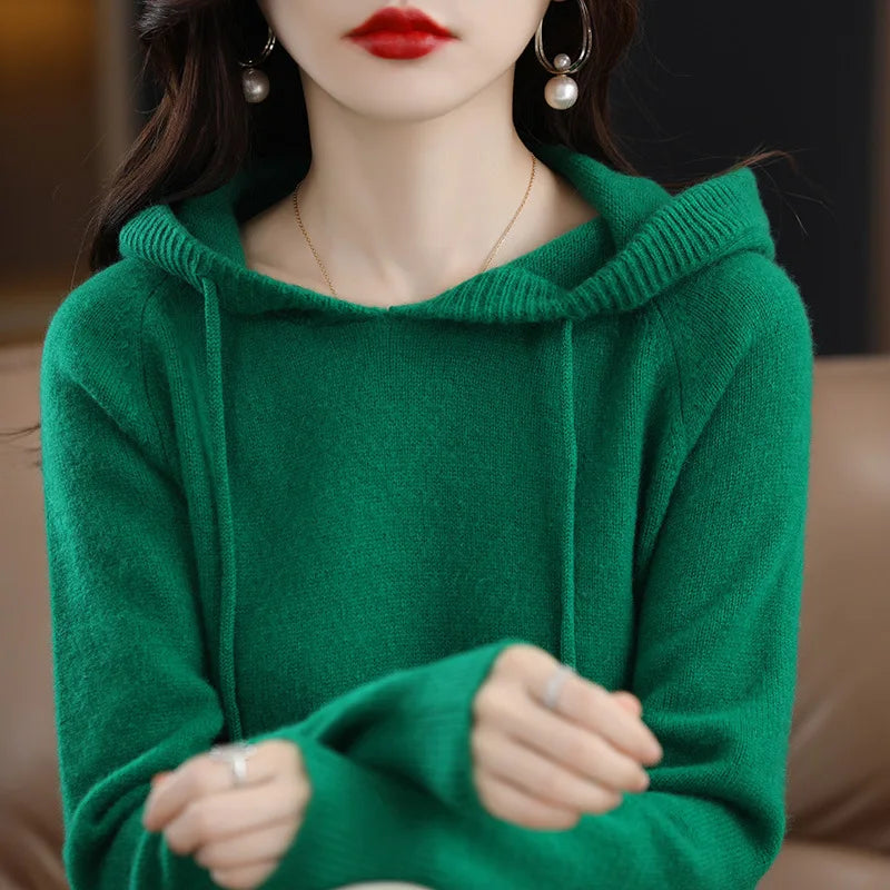 Hooded Sweater Fashion Women Autumn Winter Long Sleeve Solid Color Knitted Hoodies Lady Loose Drawstring Casual Pullover Hoodie