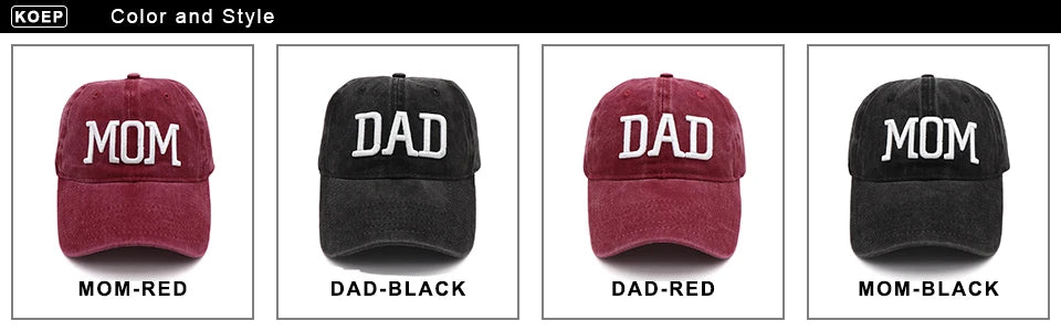 KOEP MOM And DAD Baseball Cap Fishing Caps Men Outdoor Women Washed And Worn Pregnancy Announcement Hats 3D Embroidery
