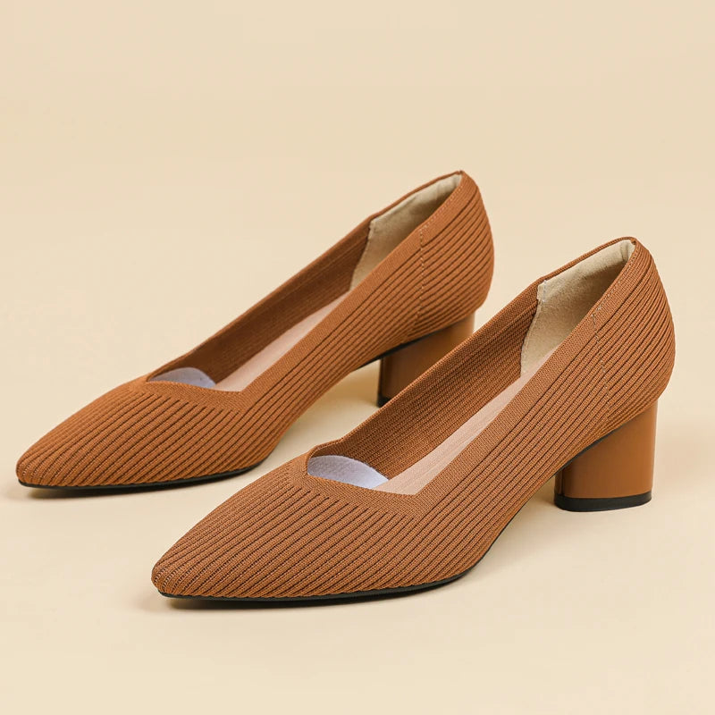 Women's high heels, pointed knit breathable and comfortable shoes (5cm high), new for autumn 2024