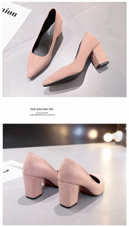 Autumn Shoes Woman Pumps Low Thick Heels Comfortable Women Work Shoes Flock Round Toe Casual Ladies Shoe sapato feminino WSH3183
