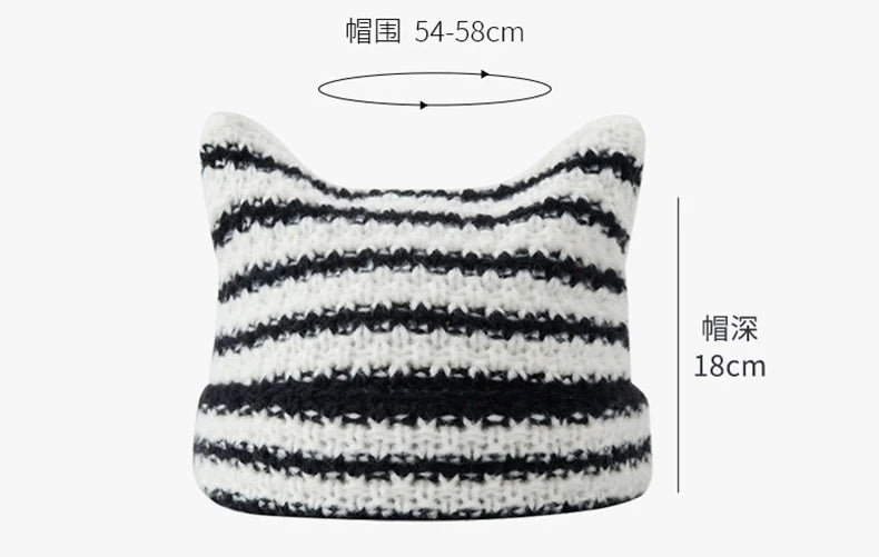 New Japanese Streetwear Harajuku Beanie Little Devil Striped Knitted Hat Women Girls Autumn Winter Cute Cat Ears Cap