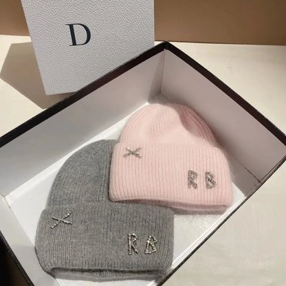 New Real fashion rabbit hair diamond letter hat Women's Winter warm knit hat Designer women's casual hat ski hat