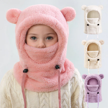 Bear Ears Hood Men's and Women's Autumn Winter Polyester Fiber Neck Scarf and Mask Integrated Hat Children's Warm Cold Hats