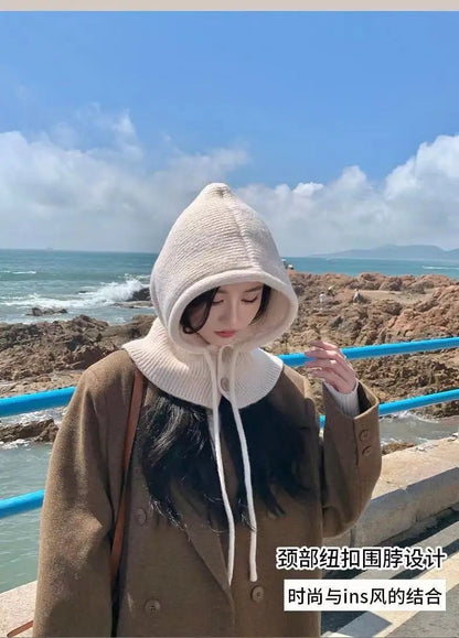 Knitted Hooded Caps Winter Balaclava Hats Women Korean Style Outdoor Warmer Drawstring Hats One-piece Neck Collar Beanies Cap