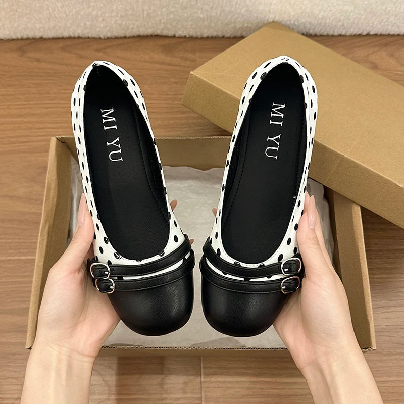 Polka Dot Women Ballet Flats Comfortable Round Toe Slip On Shoes 2026 New Spring Autumn Vintage Ladies Dress Mary Jane Shoes