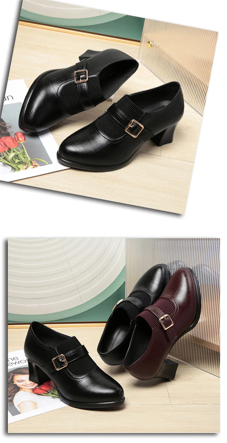 Autumn Fashion Comfort Deep Mouth Soft Leather Shoes Women Pumps 2024 Spring Block Heels Shoes for Office Mom Model Daily