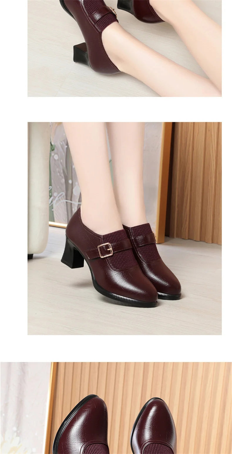 Autumn Fashion Comfort Deep Mouth Soft Leather Shoes Women Pumps 2024 Spring Block Heels Shoes for Office Mom Model Daily