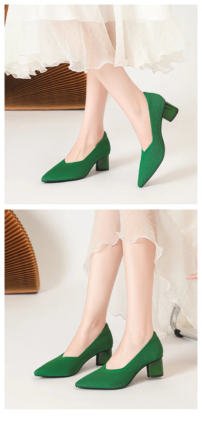 Women's high heels, pointed knit breathable and comfortable shoes (5cm high), new for autumn 2024