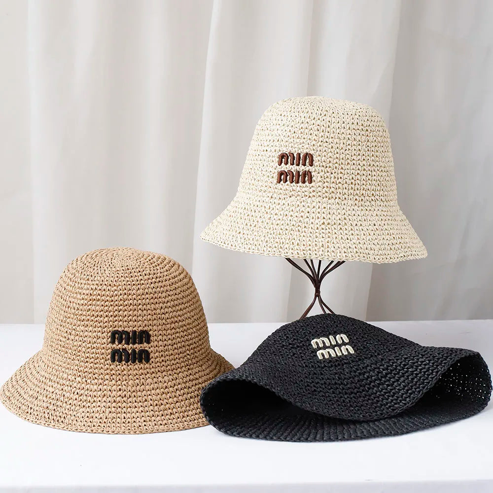 NEW Handmade High quality letter embroidery Sun Hat Wide Brim Floppy Summer Hats For Women Beach Panama Straw Dome Bucket Hat