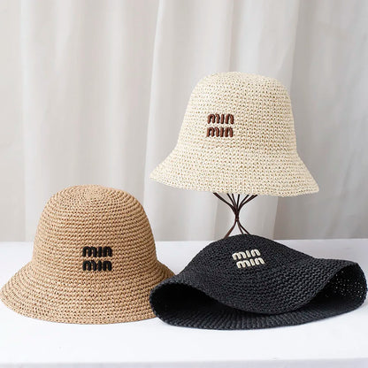 NEW Handmade High quality letter embroidery Sun Hat Wide Brim Floppy Summer Hats For Women Beach Panama Straw Dome Bucket Hat