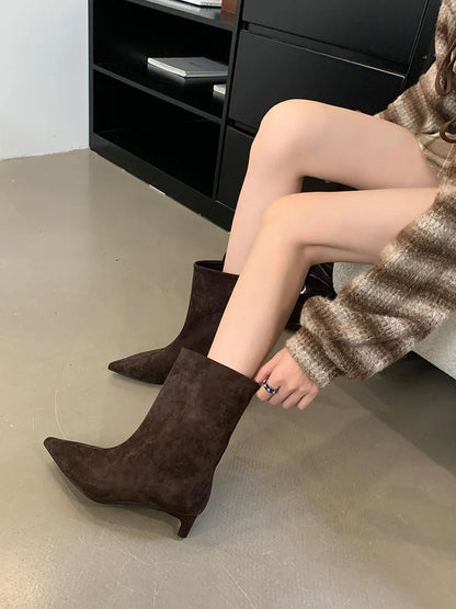 Autumn Winter Pointed Toe Ankle Boots Women Designer Vintage Thin Low Heel Shoes Modern SHort Botas Zapatos De Mujer