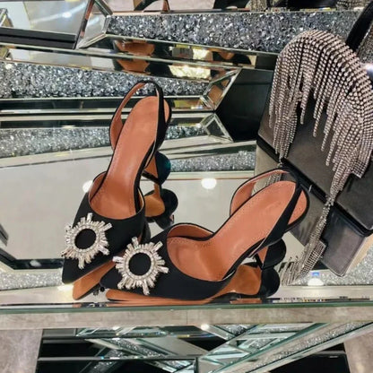 2026 Spring Autumn EU US Satin Slingback Women Sandals Pointed Flared Heels Sun Rhinestone Crystal Wedding Party Dress Heels