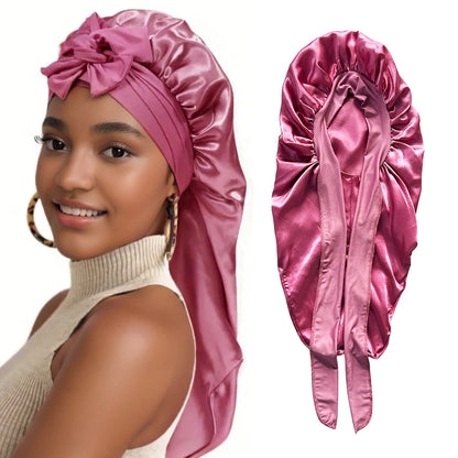 2Pcs Solid Color Bowknot Braid Bonnet Classic Long Satin Bonnets Soft Women Sleeping Night Cap Breathable Hair Bonnets