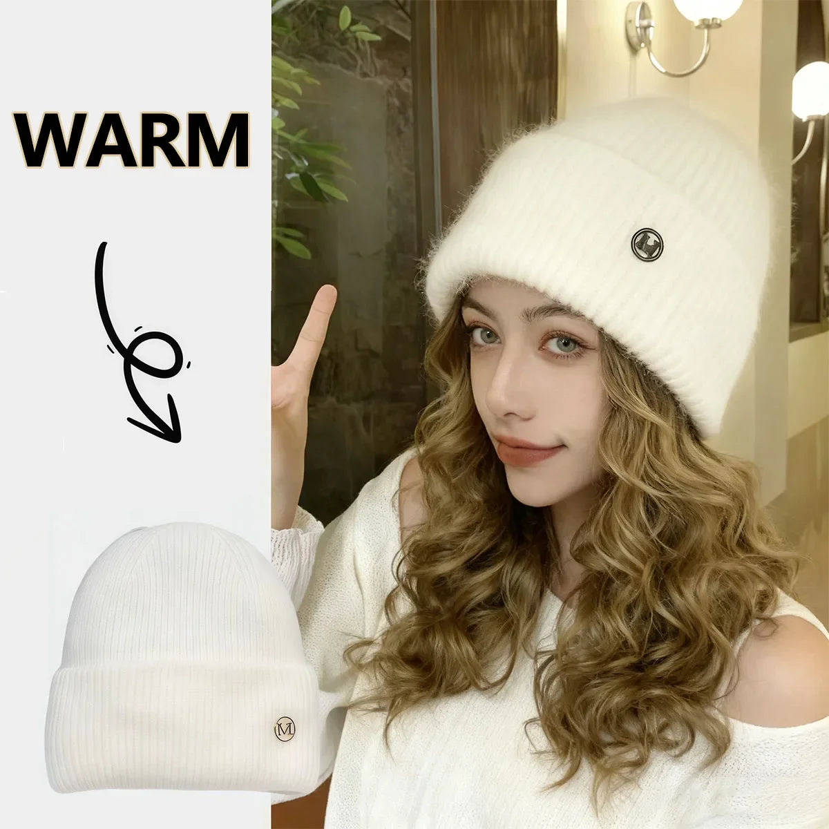 Women's Winter Hats Soft Knit Beanie Warm Rabbit Fur Cute Solid Color Slouchy Cap Casual Outdoor Fashion Solid Adult Cover Head
