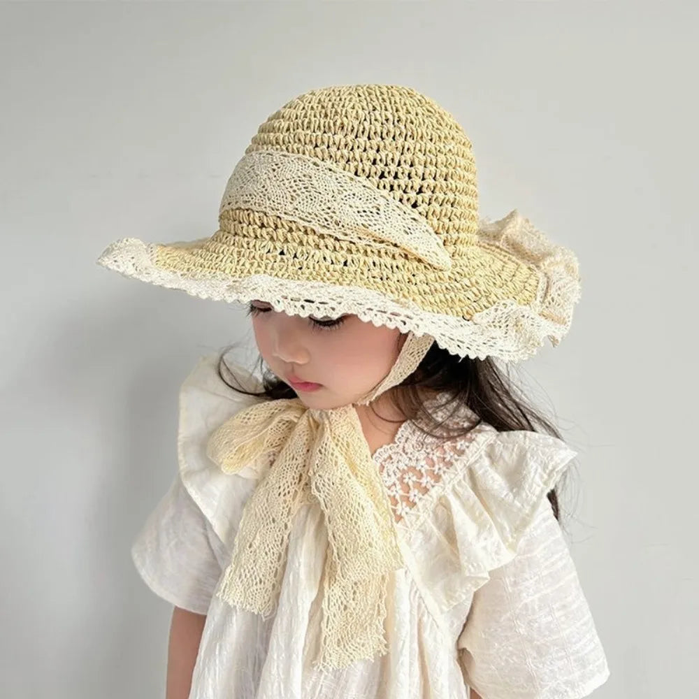 Fashion Lace Baby Hat Summer Straw Bow Baby Girl Cap Beach Children Panama Hat Princess Baby Hats and Caps for Kids 1PC
