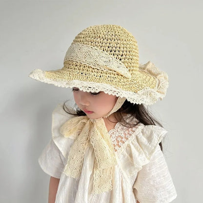 Fashion Lace Baby Hat Summer Straw Bow Baby Girl Cap Beach Children Panama Hat Princess Baby Hats and Caps for Kids 1PC