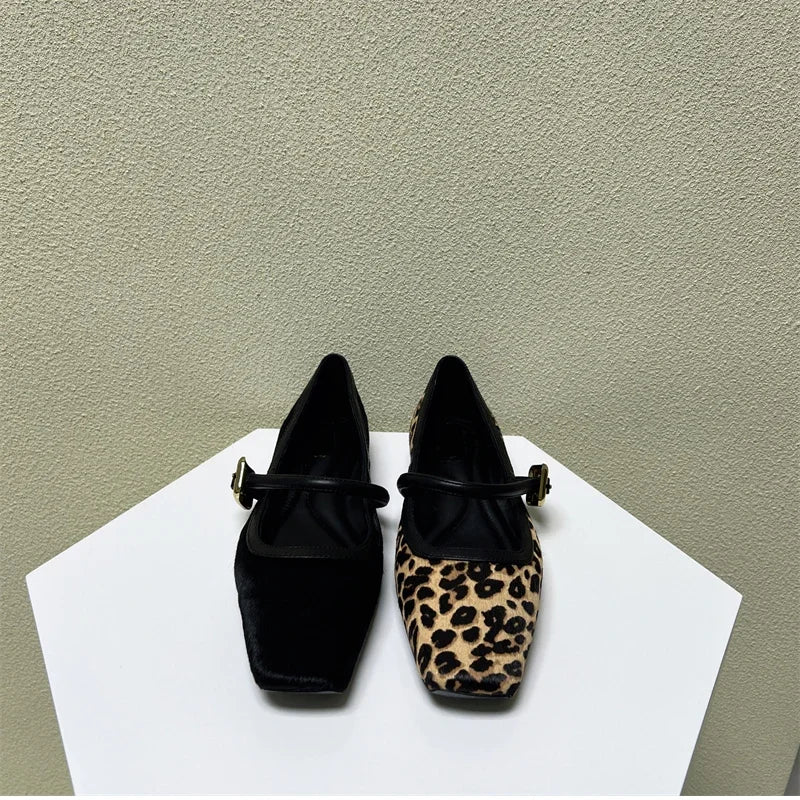 Designer Spring Autumn Women Leopard Shoes Fashion Shallow Buckle Ladies Flats Shoes Square Toe Women's Mary Jane Shoes