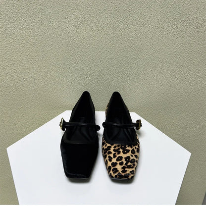 Designer Spring Autumn Women Leopard Shoes Fashion Shallow Buckle Ladies Flats Shoes Square Toe Women's Mary Jane Shoes