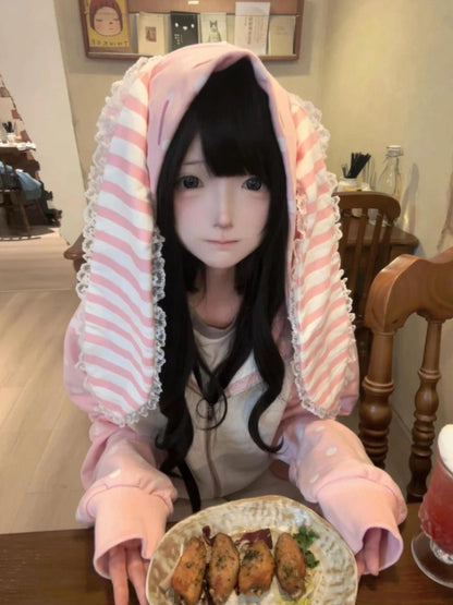 Japanese Kawaii Rabbit's Ears Hoodies Loose Polka Dot Patchwork Women Grunge Hoody Y2k Aesthetic Fairy Strawberry Sweatshirt