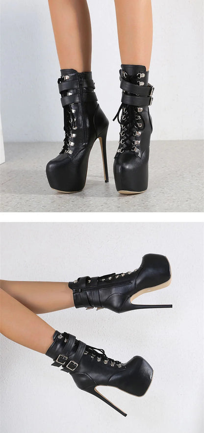 Liyke Autumn Winter Platform Boots For Women Sexy Round Toe Buckle Strap Pole Dance High Heels Pumps Fashion Lace-Up Runway Shoe