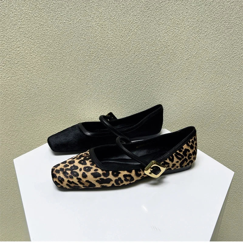 Designer Spring Autumn Women Leopard Shoes Fashion Shallow Buckle Ladies Flats Shoes Square Toe Women's Mary Jane Shoes