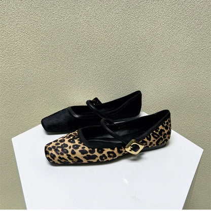 Designer Spring Autumn Women Leopard Shoes Fashion Shallow Buckle Ladies Flats Shoes Square Toe Women's Mary Jane Shoes