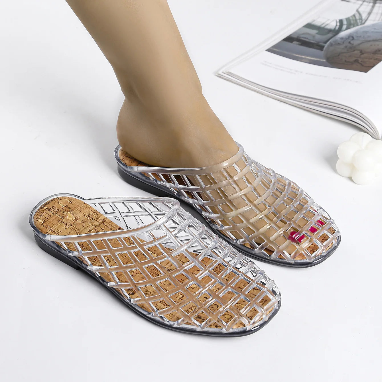 2025 Women's New Flat Slippers with Hollow PVC Breathable Summer Outerwear Baotou Bag and Casual Jelly Slippers