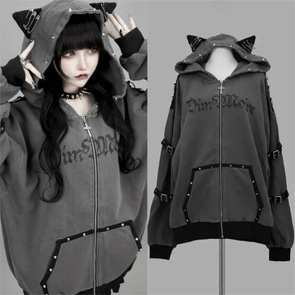 Grey Faux Fur Wool Double Zipper Jacket Hoodies Women's Slim Waist Hooded Vintage Y2k Coats Ropa Mujer Casual Fashion Sweatshirt