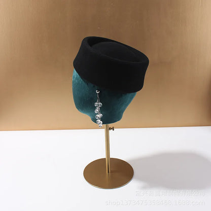 Women Wool Felt Berets Hat Vintage Hard Top Concave Top Fedoras Hats Wedding Fascinator Hats Wedding Cocktail Party Pillbox Cap