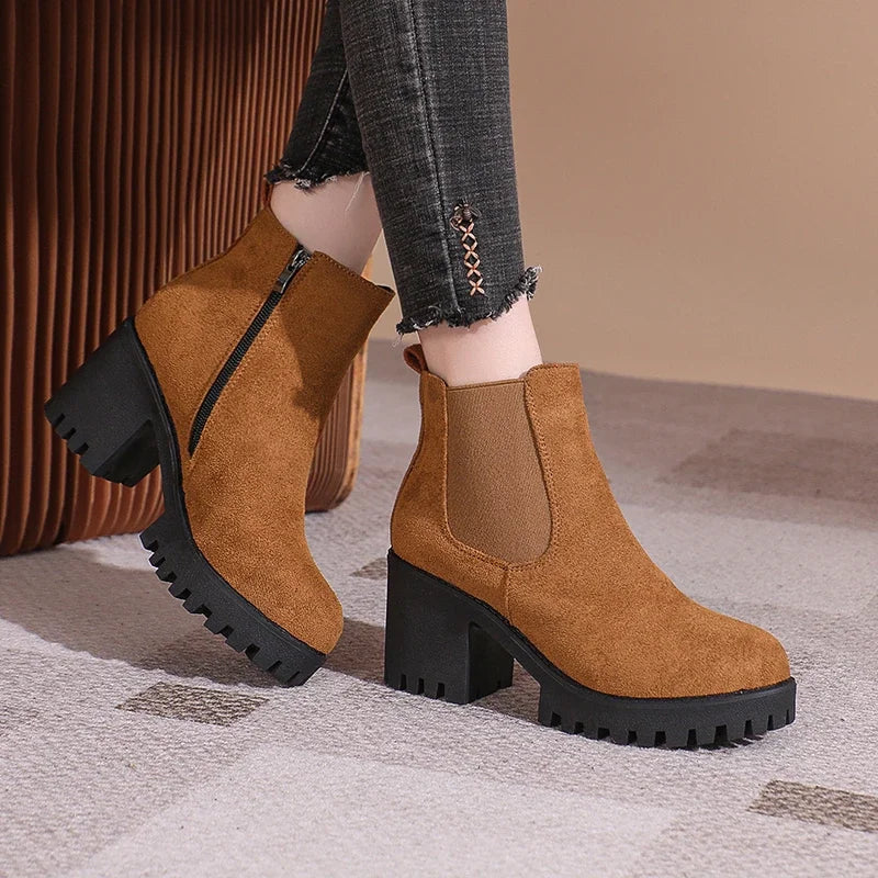 2024 Women Designer Elegant Platform Round Toe Zipper Ankle Boots Women Autumn Winter Comfy Platform Short Boots Shoes for Women