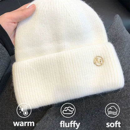 Women's Winter Hats Soft Knit Beanie Warm Rabbit Fur Cute Solid Color Slouchy Cap Casual Outdoor Fashion Solid Adult Cover Head