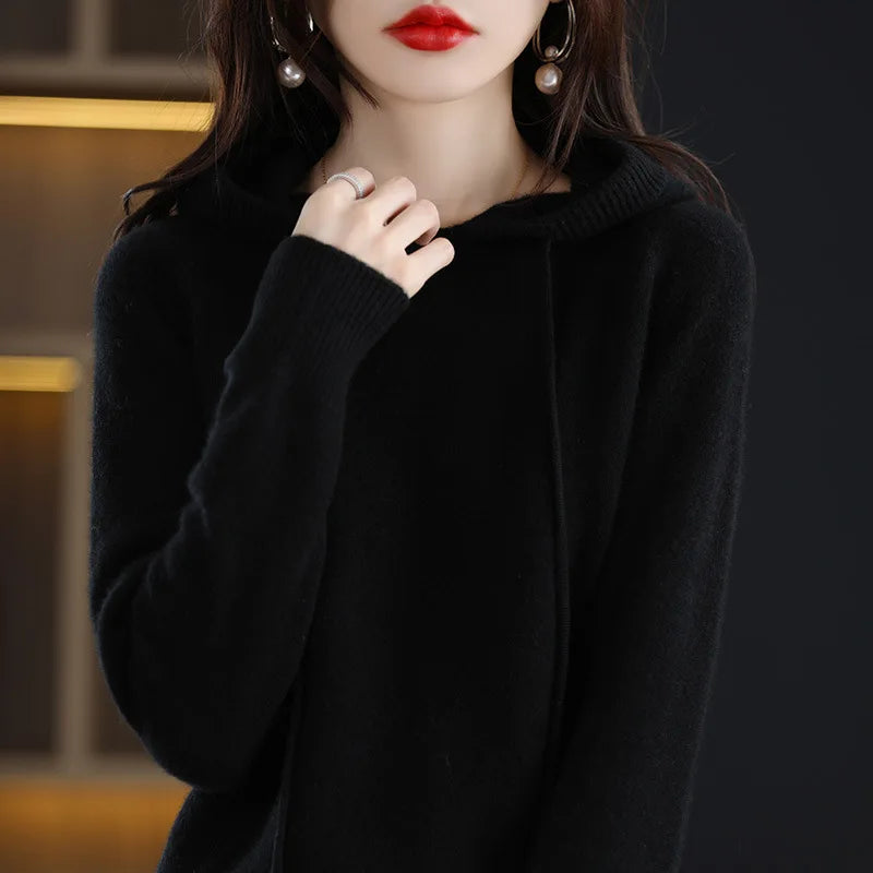 Hooded Sweater Fashion Women Autumn Winter Long Sleeve Solid Color Knitted Hoodies Lady Loose Drawstring Casual Pullover Hoodie