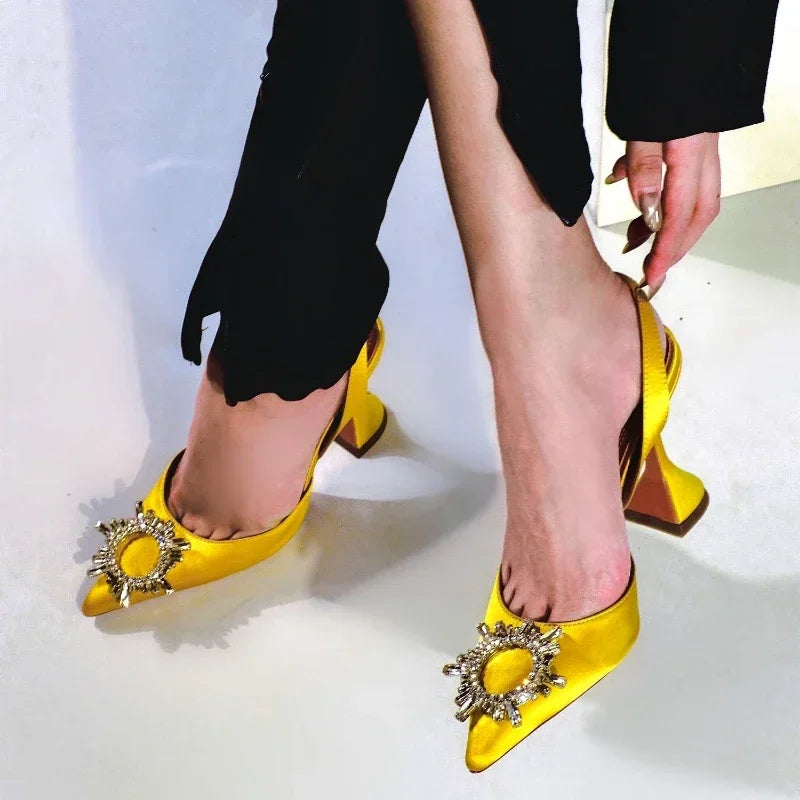 2026 Spring Autumn EU US Satin Slingback Women Sandals Pointed Flared Heels Sun Rhinestone Crystal Wedding Party Dress Heels