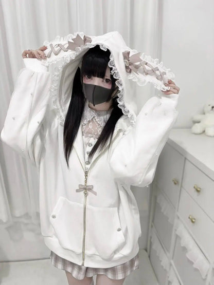 Japanese Pearl Gauze Patchwork Coats Women Y2k Aesthetic Lace Rabbit's Ears Jackets Casual Oversized Harajuku Kawaii Hoodies Top