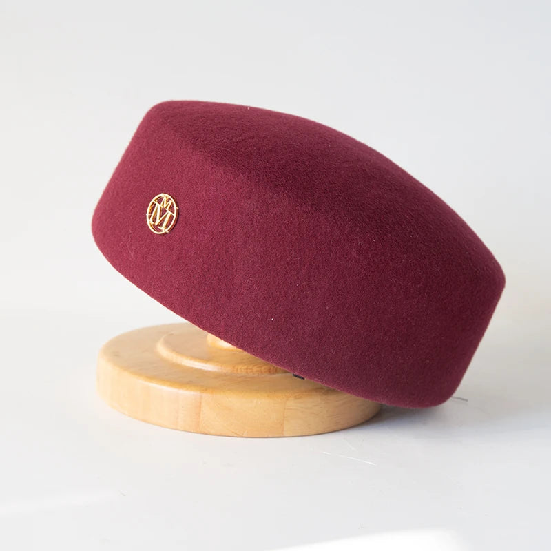 Women Wool Felt Berets Hat Vintage Hard Top Concave Top Fedoras Hats Wedding Fascinator Hats Wedding Cocktail Party Pillbox Cap