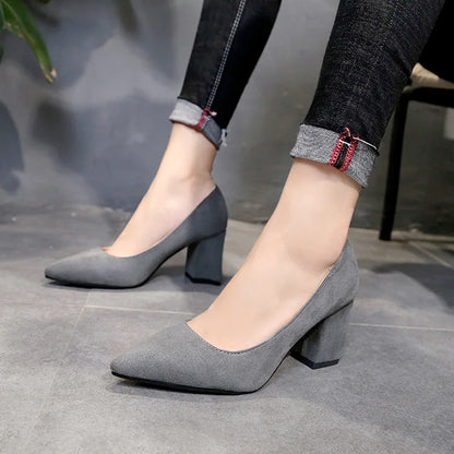 Autumn Shoes Woman Pumps Low Thick Heels Comfortable Women Work Shoes Flock Round Toe Casual Ladies Shoe sapato feminino WSH3183