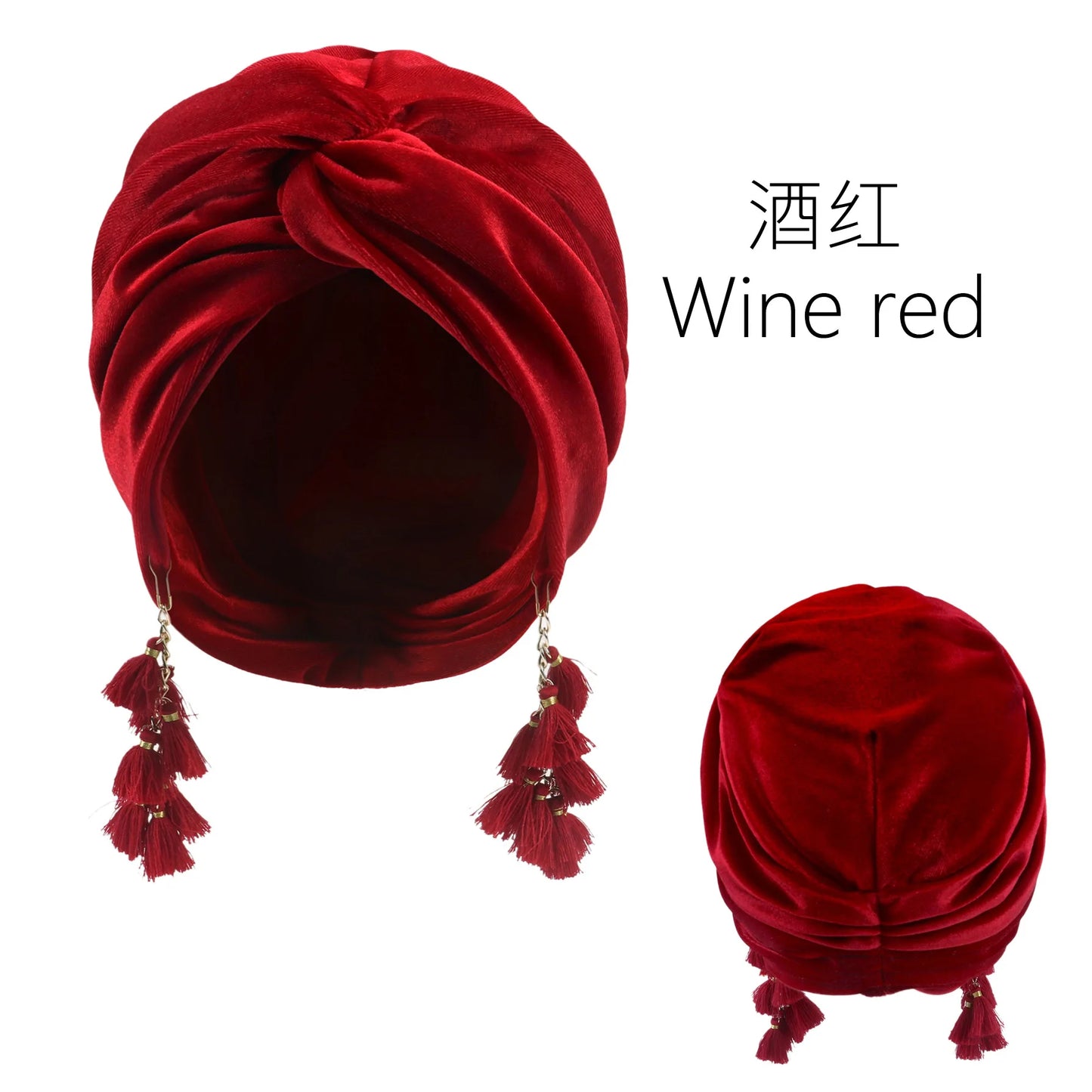 New Muslim Women Velvet Tassel Turban Hat Soft Stretch Bohemian Cross Pullover Bandana Headband Beanie Cap Islamic Head Wrap