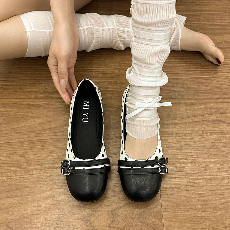 Polka Dot Women Ballet Flats Comfortable Round Toe Slip On Shoes 2026 New Spring Autumn Vintage Ladies Dress Mary Jane Shoes