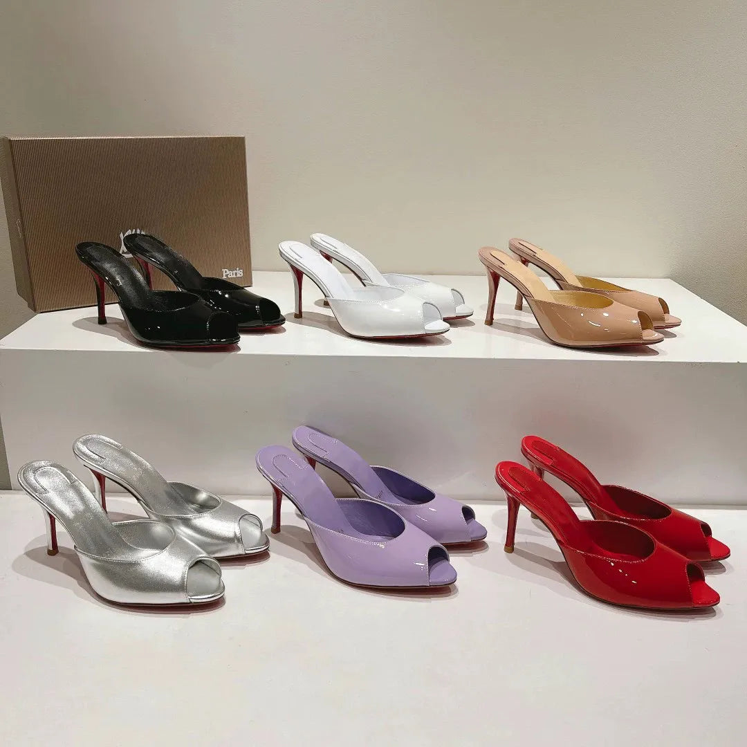 2026 New Black Fish Mouth Ultra High Women's Shoes, Sexy High Heels, Wearing Straight Pointed Lacquer Leather Open Toed Slippers