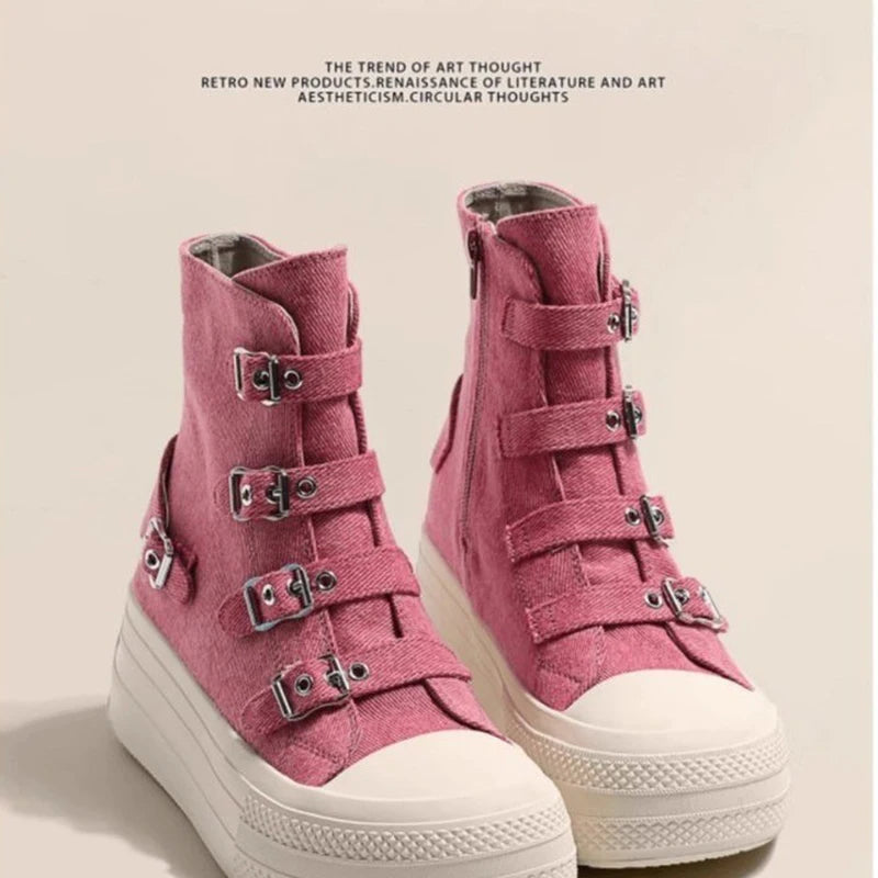2024 Spring and Autumn New Thick soled Short tube Canvas Boots French Casual Breathable Buckle Fashion Women's Single Shoes
