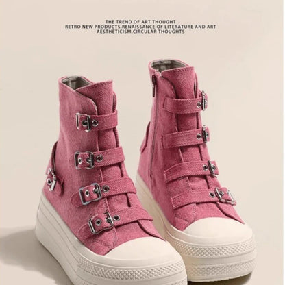 2024 Spring and Autumn New Thick soled Short tube Canvas Boots French Casual Breathable Buckle Fashion Women's Single Shoes