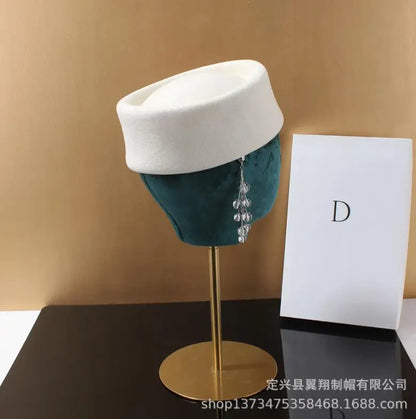 Women Wool Felt Berets Hat Vintage Hard Top Concave Top Fedoras Hats Wedding Fascinator Hats Wedding Cocktail Party Pillbox Cap