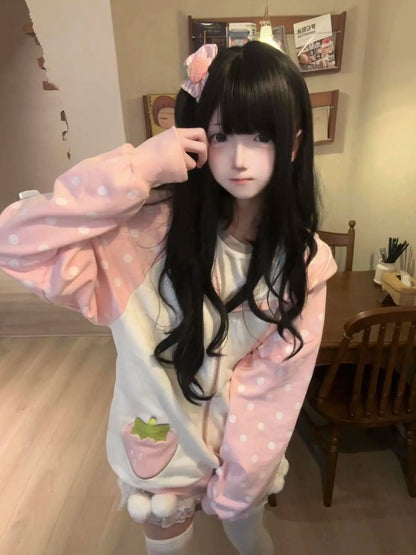 Japanese Kawaii Rabbit's Ears Hoodies Loose Polka Dot Patchwork Women Grunge Hoody Y2k Aesthetic Fairy Strawberry Sweatshirt