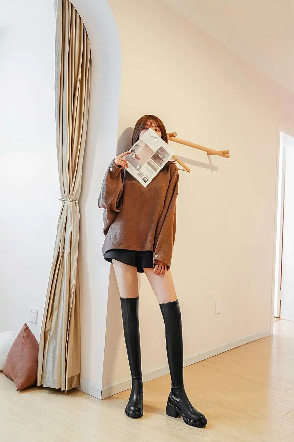 Krazing Pot Big Size Cow Leather Stretch Over-the-knee Boots Platform Round Toe High Heels Winter Women Warm Thigh High Boots