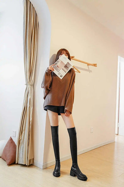 Krazing Pot Big Size Cow Leather Stretch Over-the-knee Boots Platform Round Toe High Heels Winter Women Warm Thigh High Boots