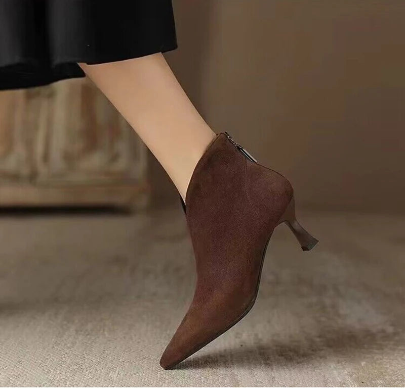 Vintage Pointed Toe Women Ankle Boots Fashion Elegant Back Zippers Short Booties Autumn Winter Ladies Concise High Heels Shoes