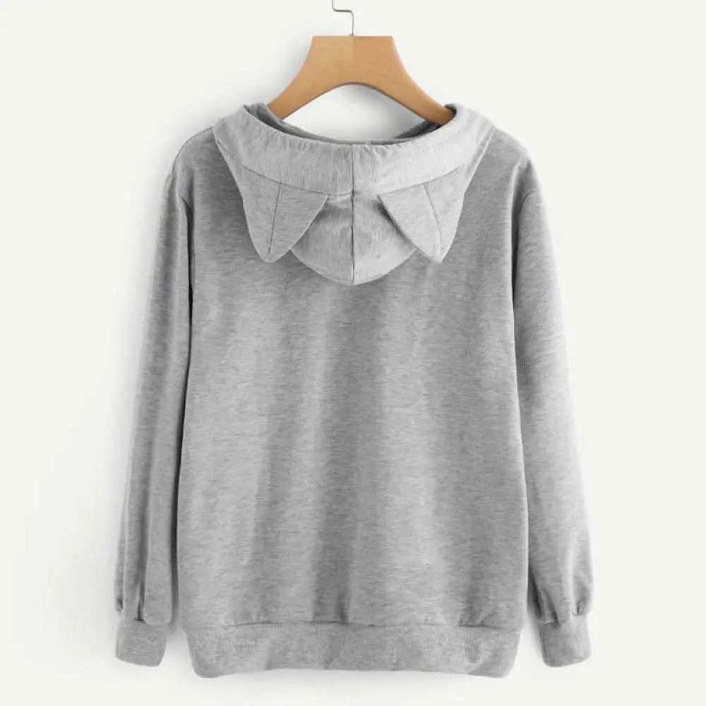 Long Sleeve Hoodies Sweatshirt For Women Cute Cat Print and Ear Kangaroo Pocket Drawstring Hooded Jogger Pullover Tops