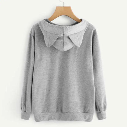 Long Sleeve Hoodies Sweatshirt For Women Cute Cat Print and Ear Kangaroo Pocket Drawstring Hooded Jogger Pullover Tops
